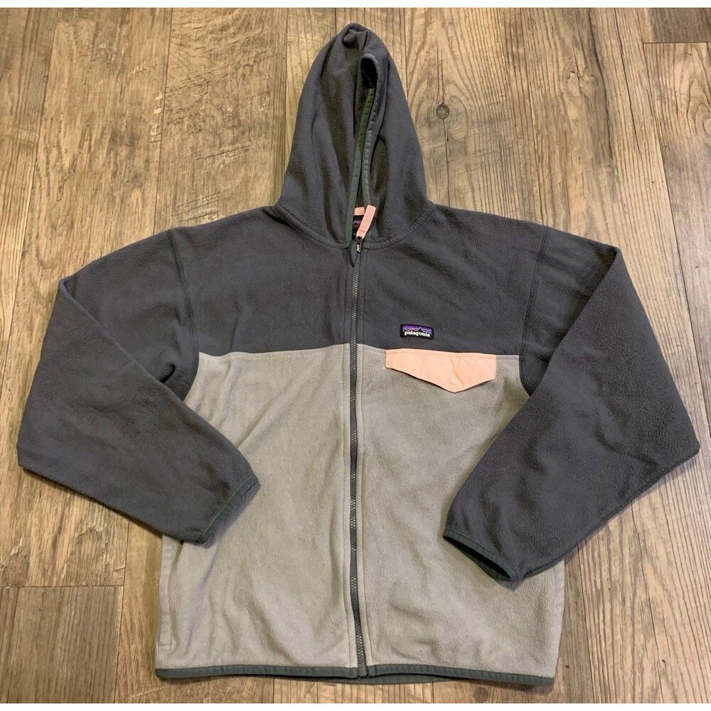 Patagonia Fleece Hooded Jacket Gray Pink Girls Size XL(14)